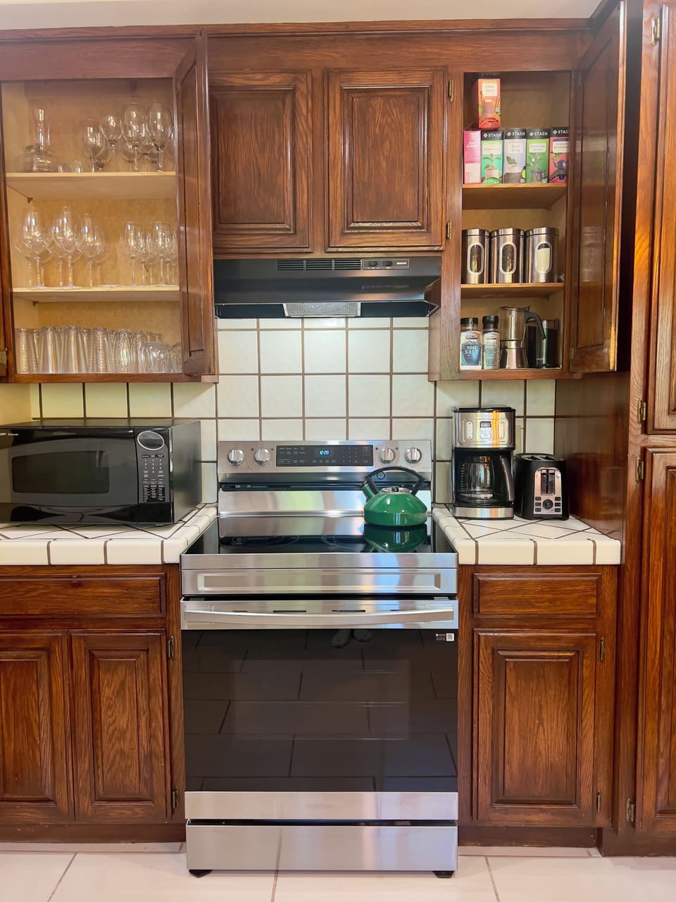 Drip coffee maker, French Press, beans, sugar and an assortment of teas