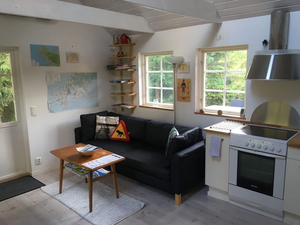 You can almost cook from the sofa. The sofa fits two adults folded out. 