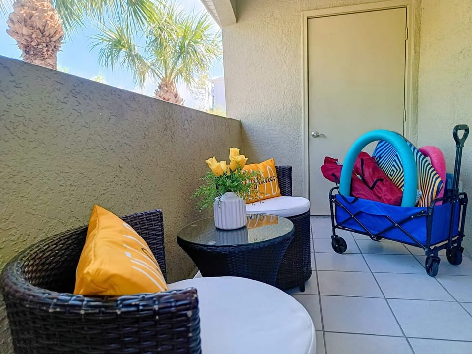 Beach umbrella,wagon, chairs and etc. are located in storage room on the balcony