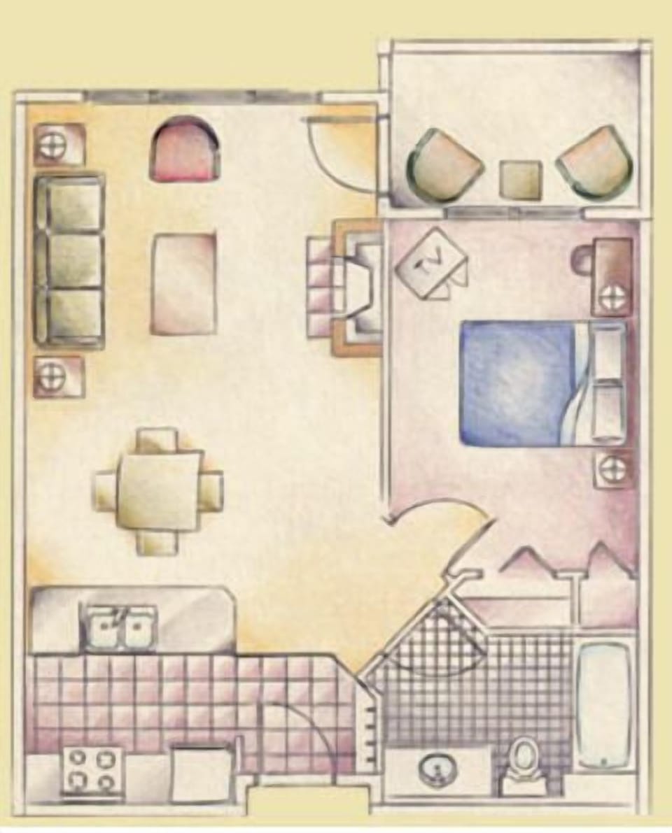 Floor plan.  Bath room has two sinks and a tub and a shower.