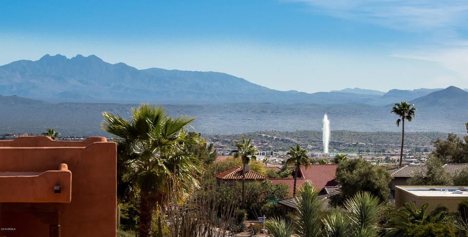 Fountain and Four Peaks from pool area
