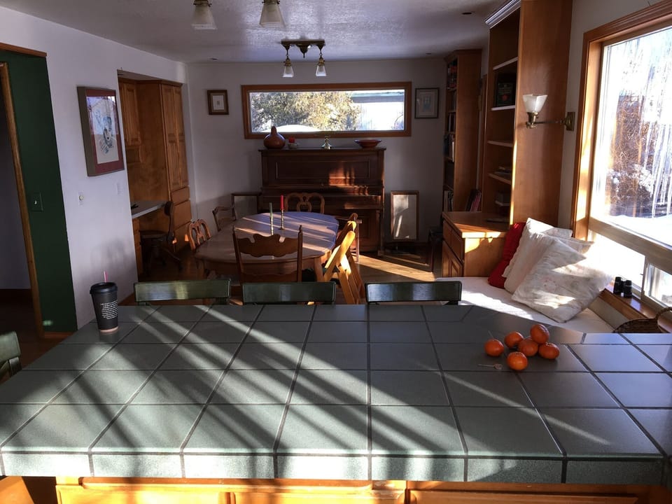Kitchen counter and dining room and window seat