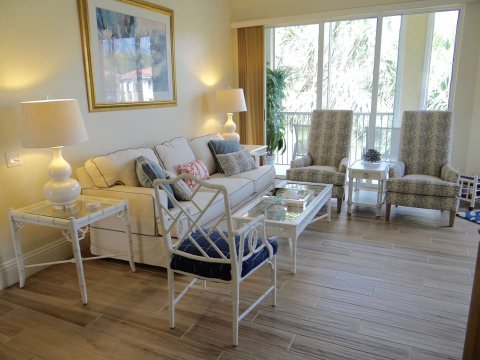Living room overlooking water feature