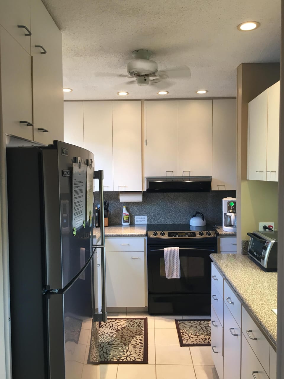 Fully equipped kitchen with new stainless steel  refrigerator and dishwasher.