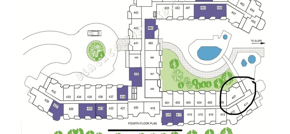 Our unit #407 circled - very quiet top floor end unit closest to the mtn