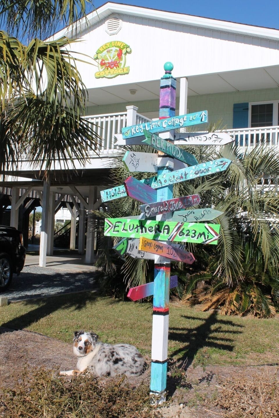 Front of House with directions to help you find your way.  Dog not included!