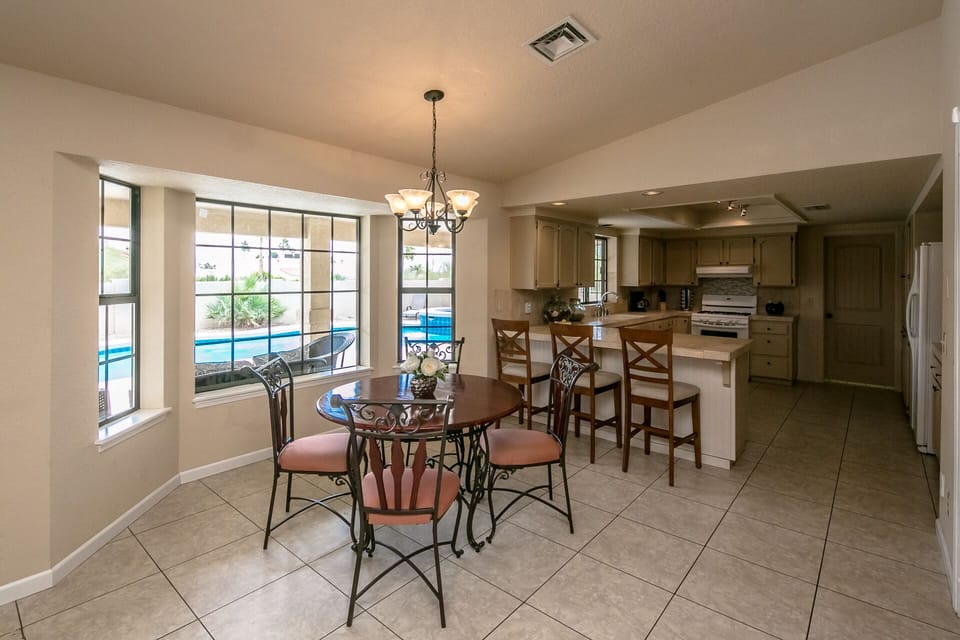 Plenty of seating in the open kitchen and nook.