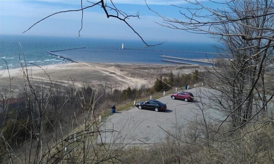 Elberta and Frankfort Lighthouses- view from Elberta Bluff