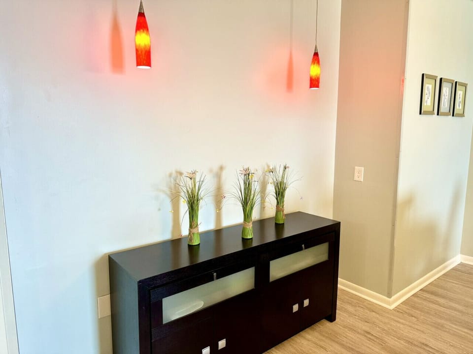 Pendant lights provide great backdropping light for the dining table