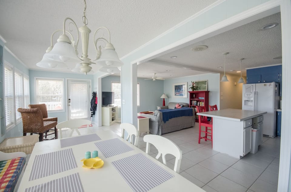 Upstairs dining, seating for 8+. Booster high chair is stored in laundry room
