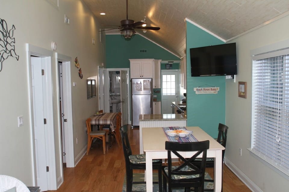 Dining table opens to accommodate 8 when needed 