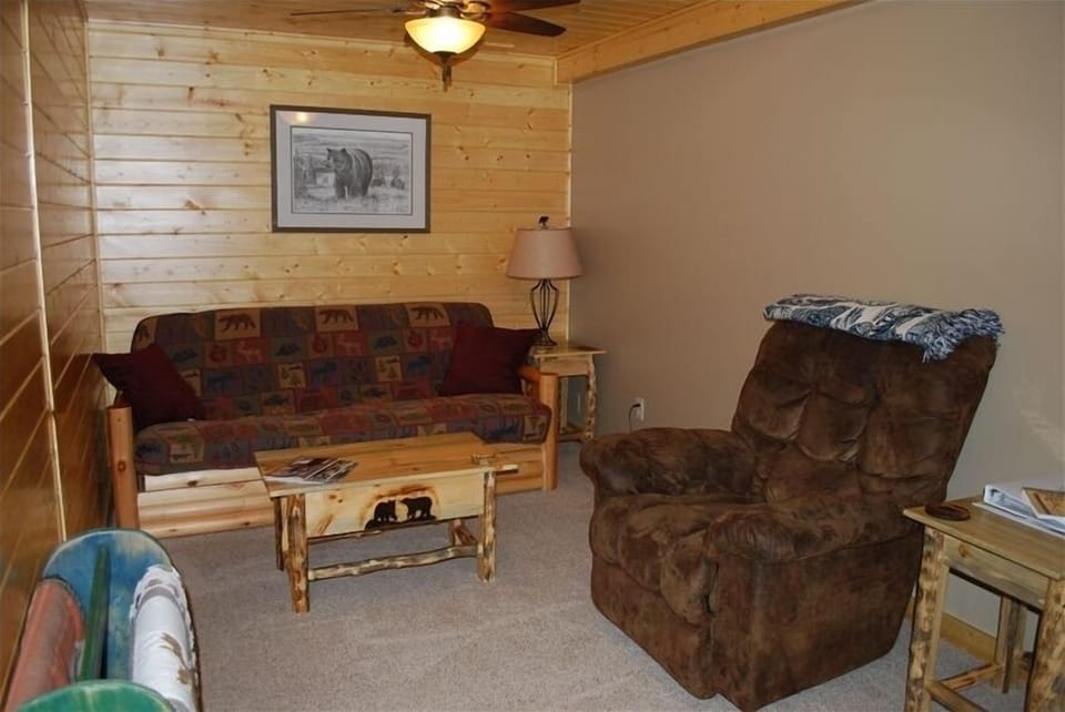Living room with a futon that can make a full size bed if needed.