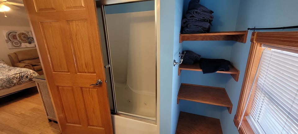 Master bath shower and shelves