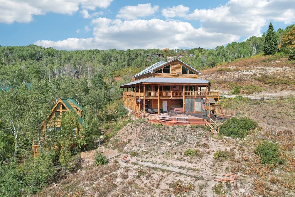 From the air: your lodge and bunkhouse in the aspens