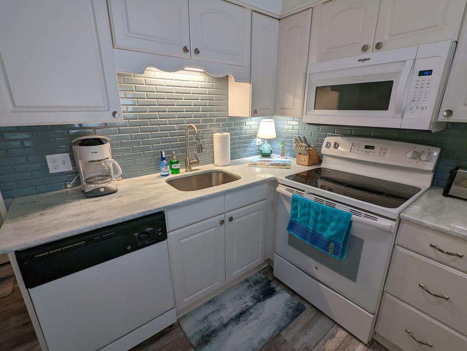 new quartzite counter and backsplash & new appliances
