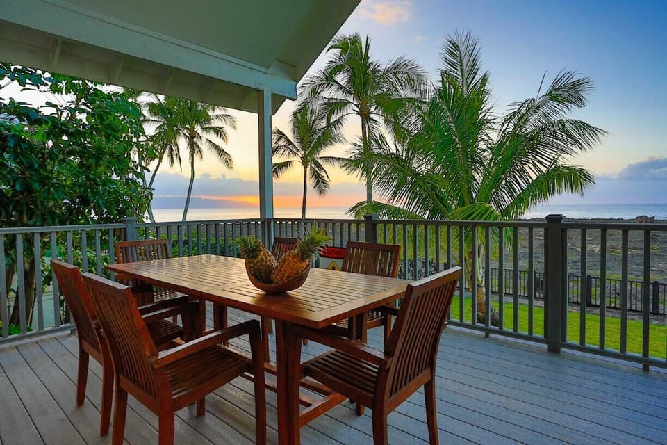 Outdoor dining area at sunset.
