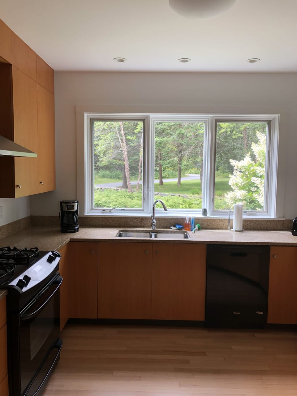 Kitchen faces lawn and garden.