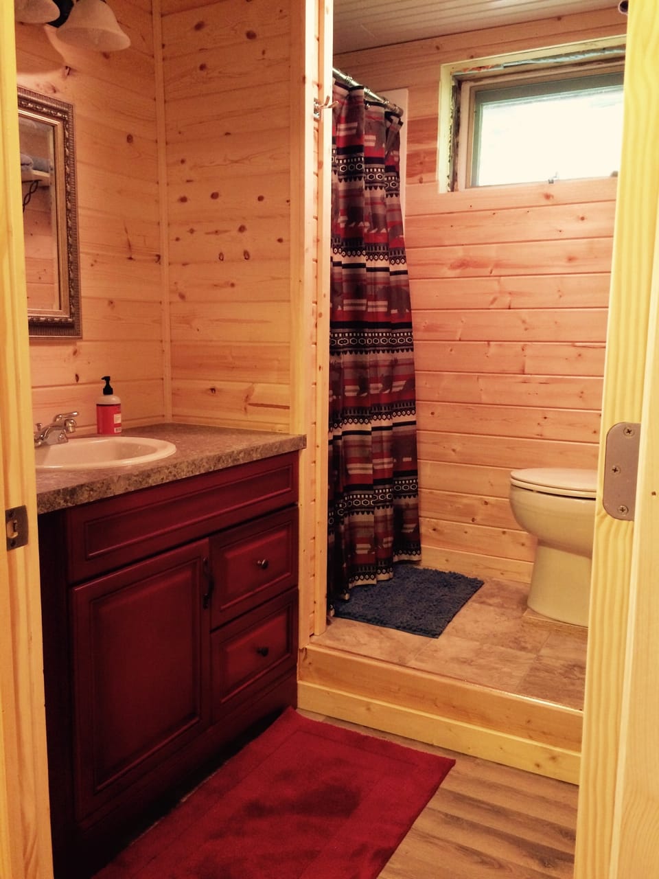 Bathroom in lower level with shower. 
