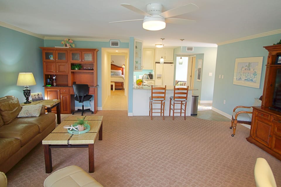 This is looking from our beach front sliders toward the kitchen and bedrooms.