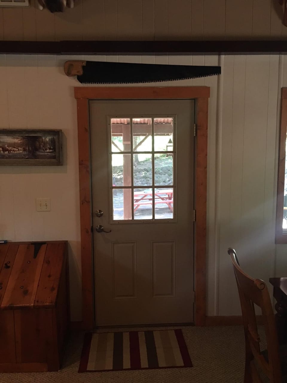 Door to back deck, backyard, and fire pit