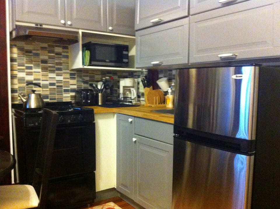 stove and oven, coffee maker, microwave, toaster, refrigerator