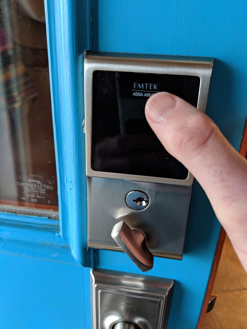 touch pad deadbolt and your unique code - no keys to lose!