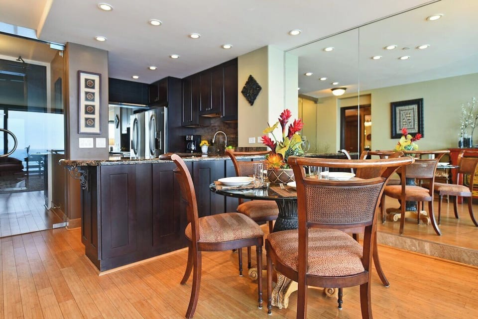 A bright and inviting layout where the kitchen flows seamlessly into the dining area