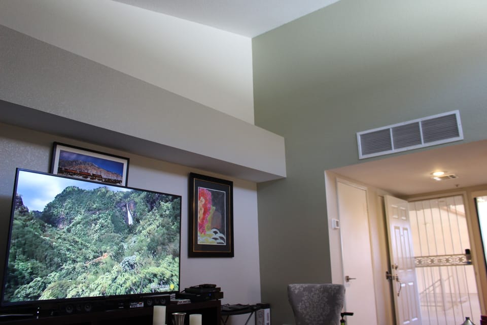 Livingroom with vaulted ceiling and 65 inch 4K TV.  
