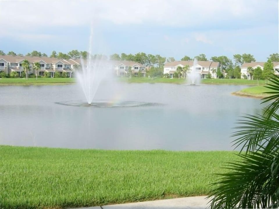 Serene View of Lake and Fountain from Patio