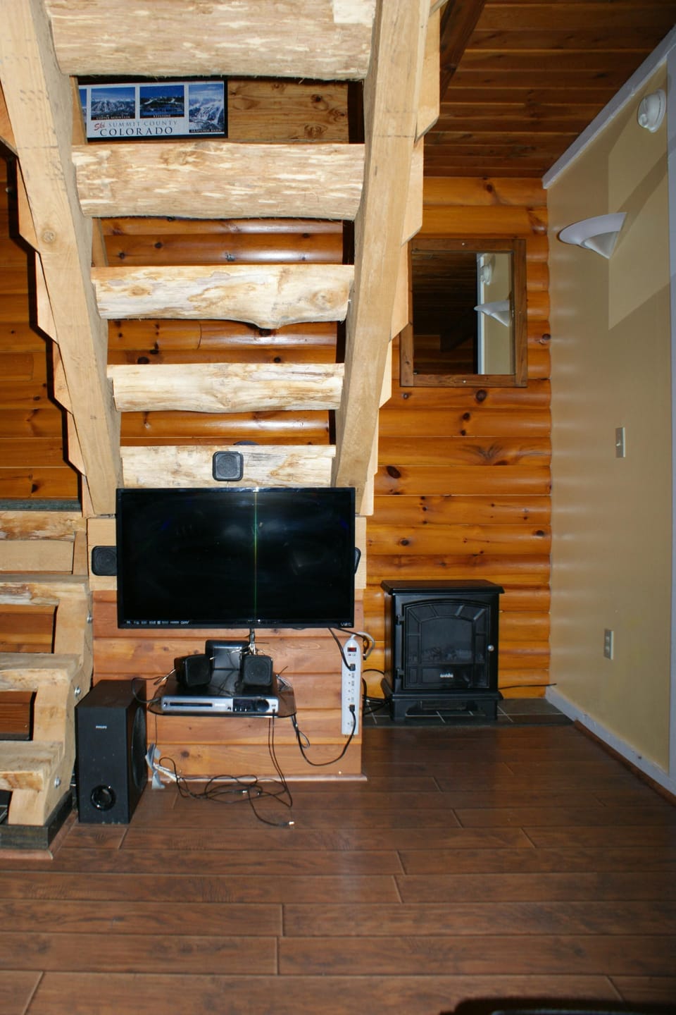 TV, DVD, surround, and Stereo. Electric fireplace. 2nd TV upstairs. 