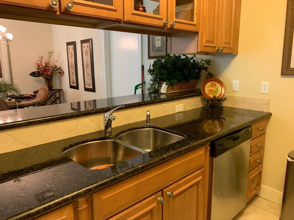 Kitchen looks into dining area