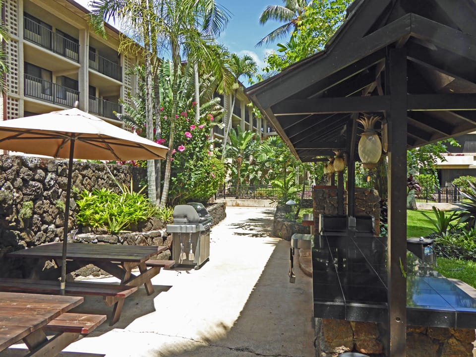 Outdoor eating area with BBQs