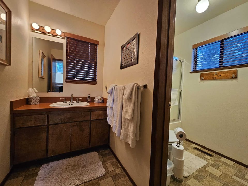 Downstairs bathroom with separate vanity and shower area