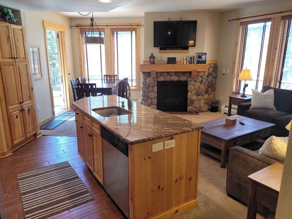 Kitchen and Living/Dining area looking towards the deck door