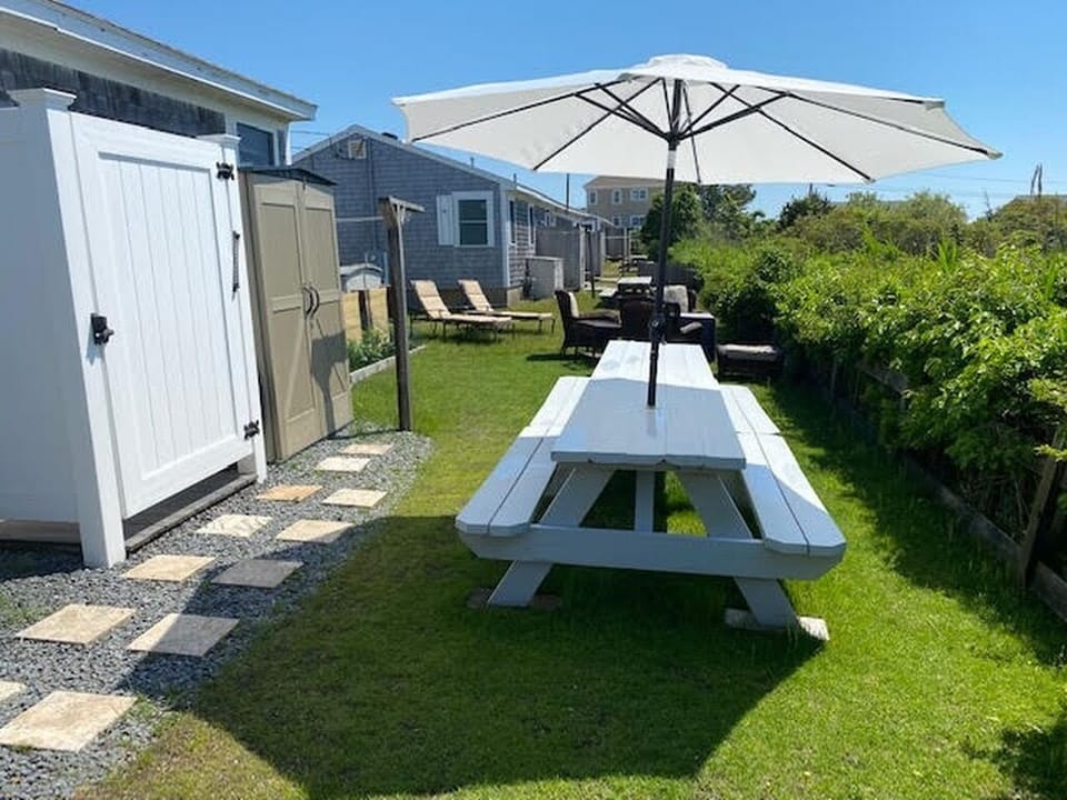 Backyard- gas grill, picnic tables, fire pit, lounge chairs & NEW vinyl shower