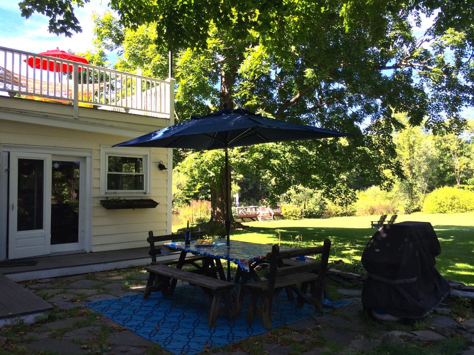 Picnic table and gas grill.