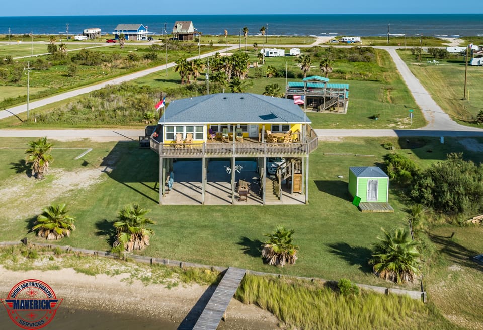 Aerial view of the Krusty Krab with views of bay and gulf.