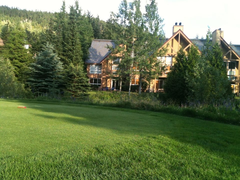 The unit sits on the first tee box of the Chateau Whistler  golf course.