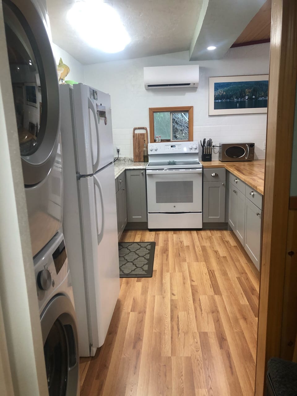 Looking from the bathroom to the kitchen area 