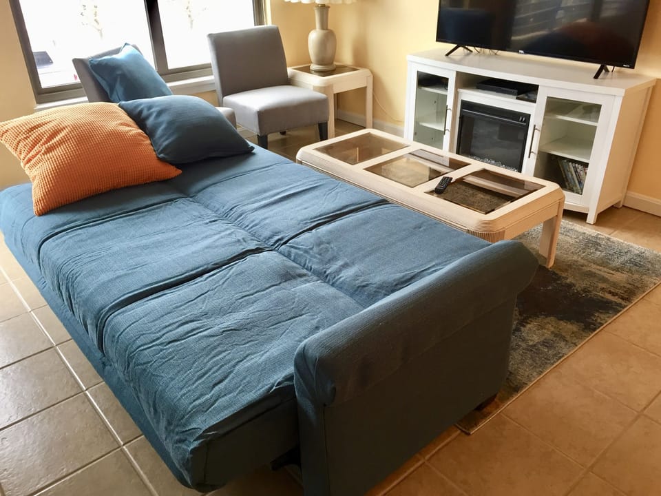 Living Room With Convertible Sofa Bed, Fireplace, and Smart TV 