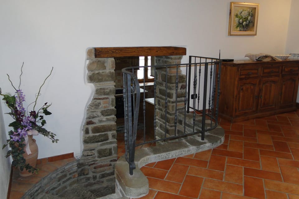 Steps down to the kitchen