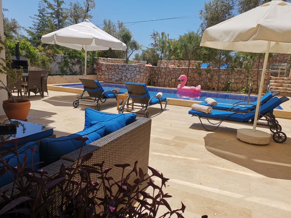 Large patio with sun loungers, dining and sofa area