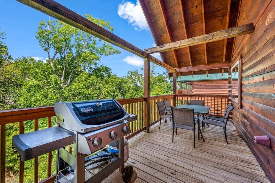 Fire up the propane grill and carry dinner straight to the patio table — the back porch is built for the whole group to eat outside together.