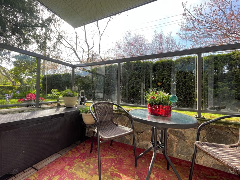 Private patio (no others on this side of  bldg, nor any balconies looking down).