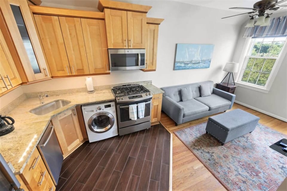 Kitchen and dining space are bright and open