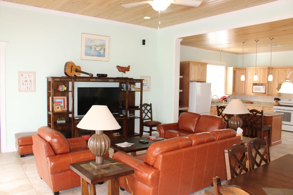 Open style living, comfortable leather seating.