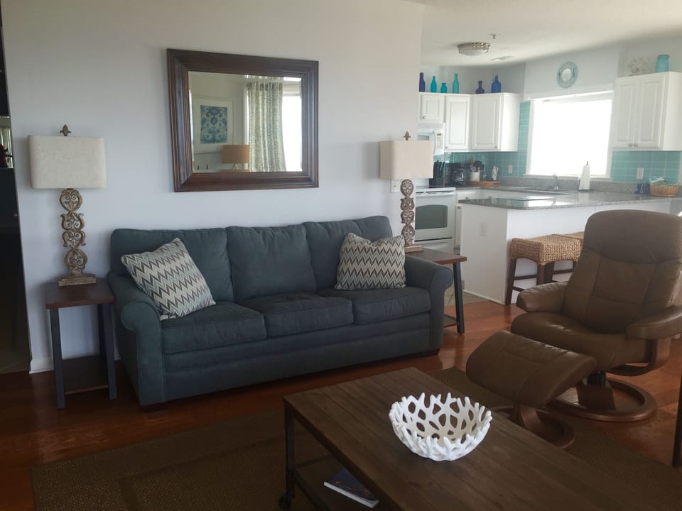 Living area looking into kitchen.