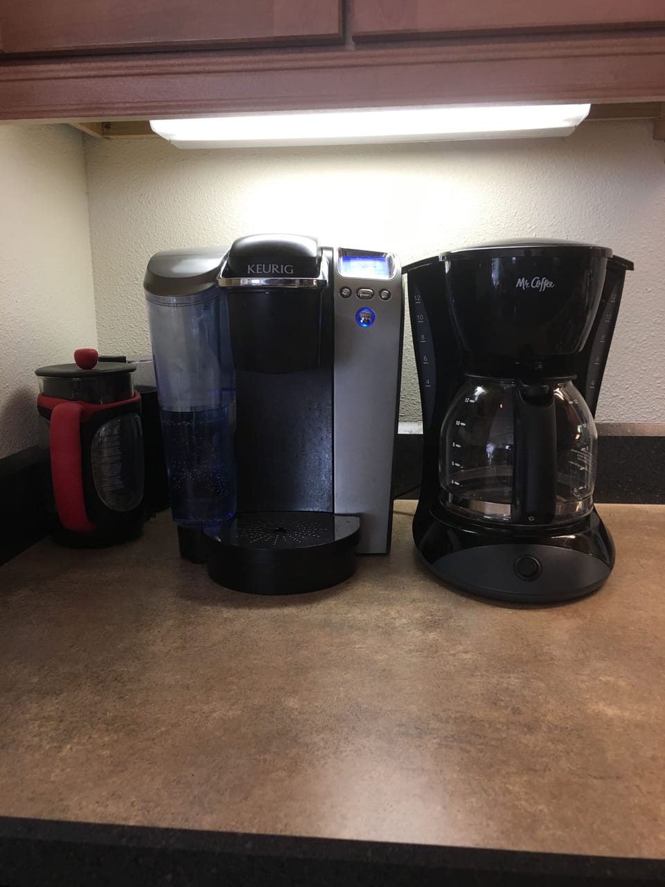 Keurig, coffee press, grinder, coffee pot