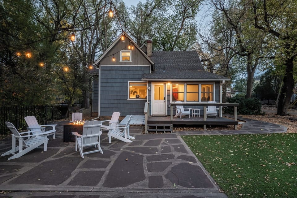 Creek side setting. Firepit, Adirondack chairs, bistro dining for 8, BBQ grill