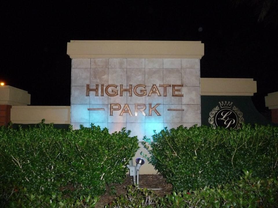 Highgate Park Entry at night.